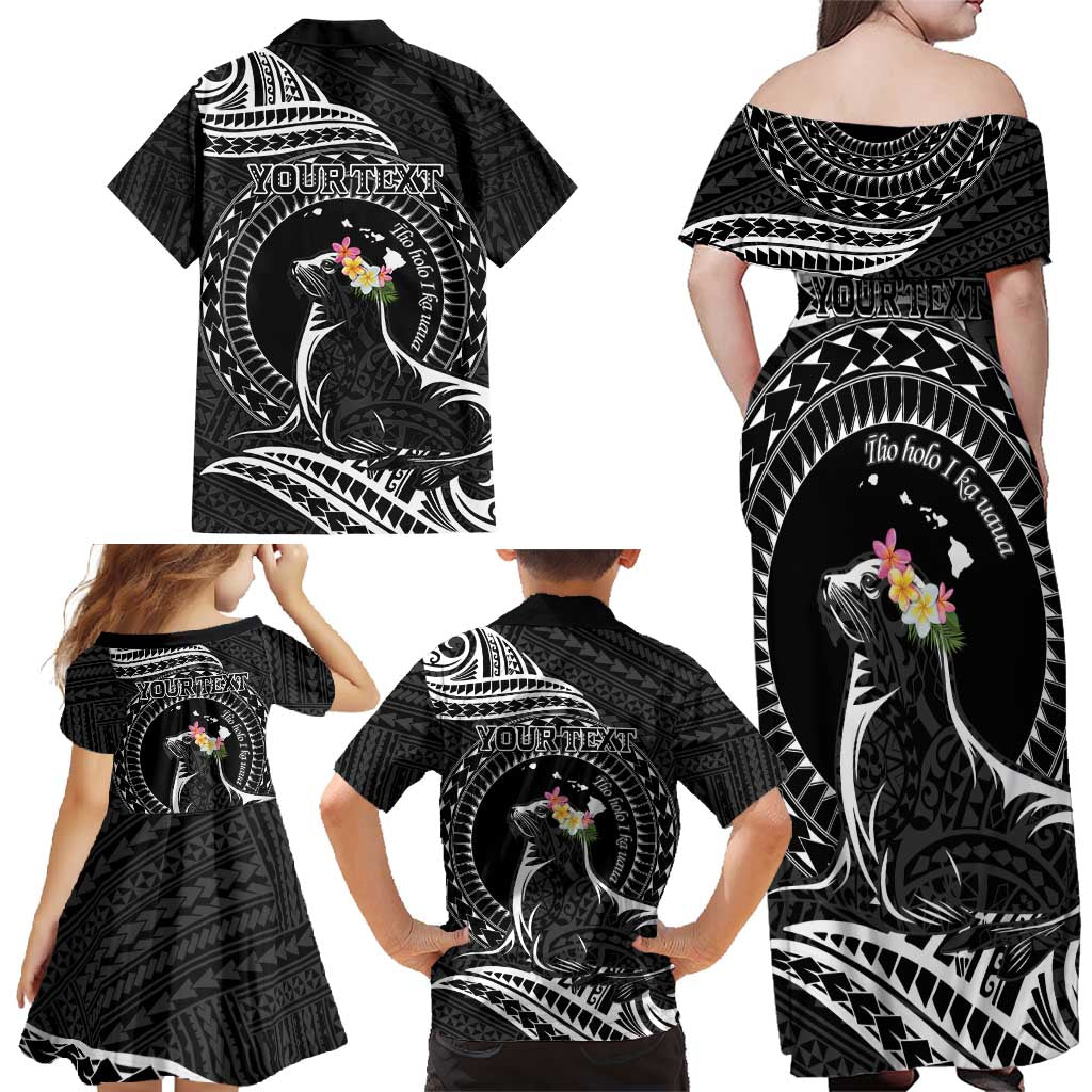 Personalised Hawaii Monk Seal Family Matching Off Shoulder Maxi Dress and Hawaiian Shirt Polynesian Tattoo With Tropical Flowers - Black LT14 - Polynesian Pride