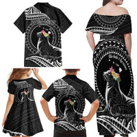 Personalised Hawaii Monk Seal Family Matching Off Shoulder Maxi Dress and Hawaiian Shirt Polynesian Tattoo With Tropical Flowers - Black LT14 - Polynesian Pride