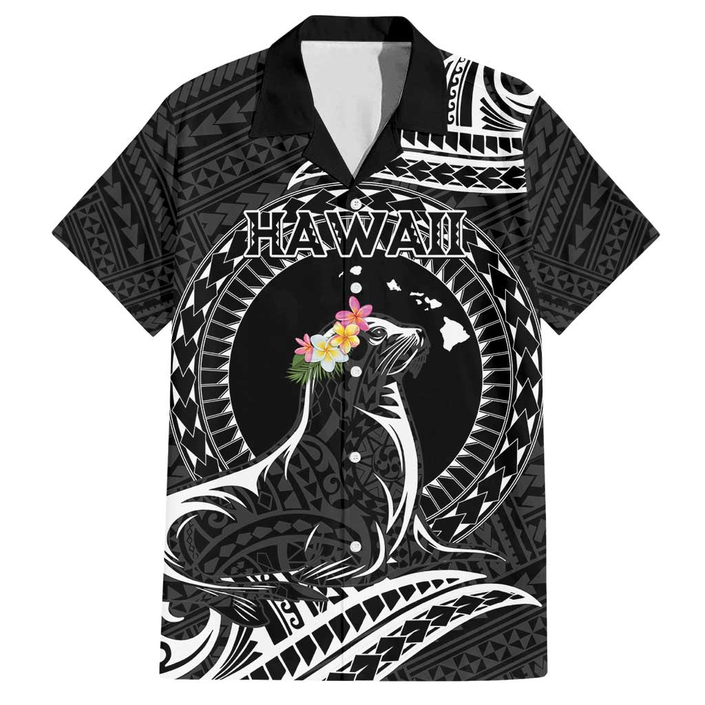 Personalised Hawaii Monk Seal Family Matching Off Shoulder Maxi Dress and Hawaiian Shirt Polynesian Tattoo With Tropical Flowers - Black LT14 Dad's Shirt - Short Sleeve Black - Polynesian Pride