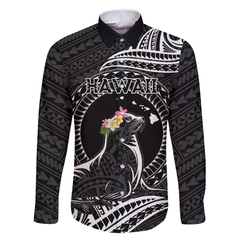 Personalised Hawaii Monk Seal Family Matching Off Shoulder Maxi Dress and Hawaiian Shirt Polynesian Tattoo With Tropical Flowers - Black LT14 Dad's Shirt - Long Sleeve Black - Polynesian Pride