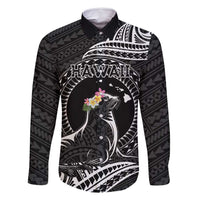 Personalised Hawaii Monk Seal Family Matching Off Shoulder Maxi Dress and Hawaiian Shirt Polynesian Tattoo With Tropical Flowers - Black LT14 Dad's Shirt - Long Sleeve Black - Polynesian Pride