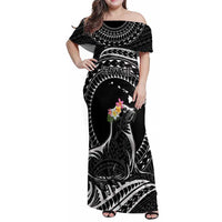 Personalised Hawaii Monk Seal Family Matching Off Shoulder Maxi Dress and Hawaiian Shirt Polynesian Tattoo With Tropical Flowers - Black LT14 Mom's Dress Black - Polynesian Pride
