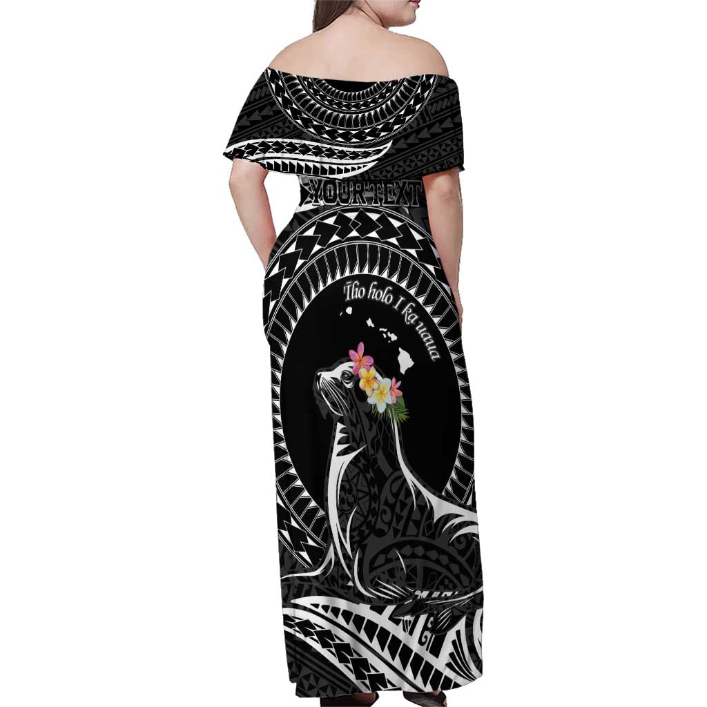 Personalised Hawaii Monk Seal Family Matching Off Shoulder Maxi Dress and Hawaiian Shirt Polynesian Tattoo With Tropical Flowers - Black LT14 - Polynesian Pride