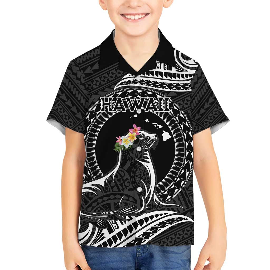 Personalised Hawaii Monk Seal Family Matching Off Shoulder Maxi Dress and Hawaiian Shirt Polynesian Tattoo With Tropical Flowers - Black LT14 Son's Shirt Black - Polynesian Pride