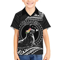 Personalised Hawaii Monk Seal Family Matching Off Shoulder Maxi Dress and Hawaiian Shirt Polynesian Tattoo With Tropical Flowers - Black LT14 Son's Shirt Black - Polynesian Pride