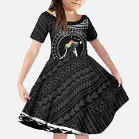 Personalised Hawaii Monk Seal Family Matching Puletasi and Hawaiian Shirt Polynesian Tattoo With Tropical Flowers - Black LT14 Daughter's Dress Black - Polynesian Pride