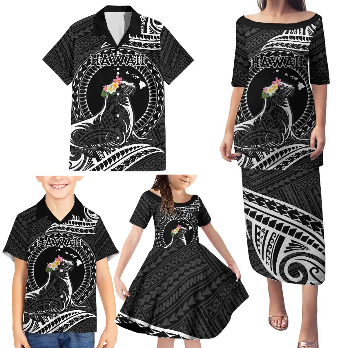 Personalised Hawaii Monk Seal Family Matching Puletasi and Hawaiian Shirt Polynesian Tattoo With Tropical Flowers - Black LT14 - Polynesian Pride