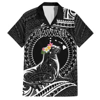 Personalised Hawaii Monk Seal Family Matching Puletasi and Hawaiian Shirt Polynesian Tattoo With Tropical Flowers - Black LT14 Dad's Shirt - Short Sleeve Black - Polynesian Pride