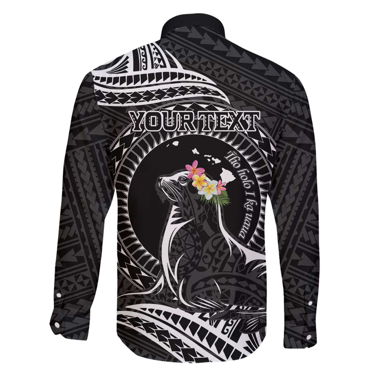 Personalised Hawaii Monk Seal Family Matching Puletasi and Hawaiian Shirt Polynesian Tattoo With Tropical Flowers - Black LT14 - Polynesian Pride