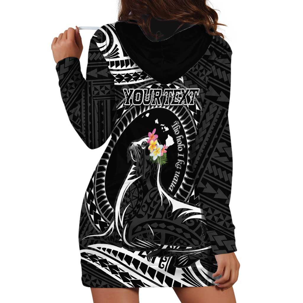Personalised Hawaii Monk Seal Hoodie Dress Polynesian Tattoo With Tropical Flowers - Black LT14 - Polynesian Pride