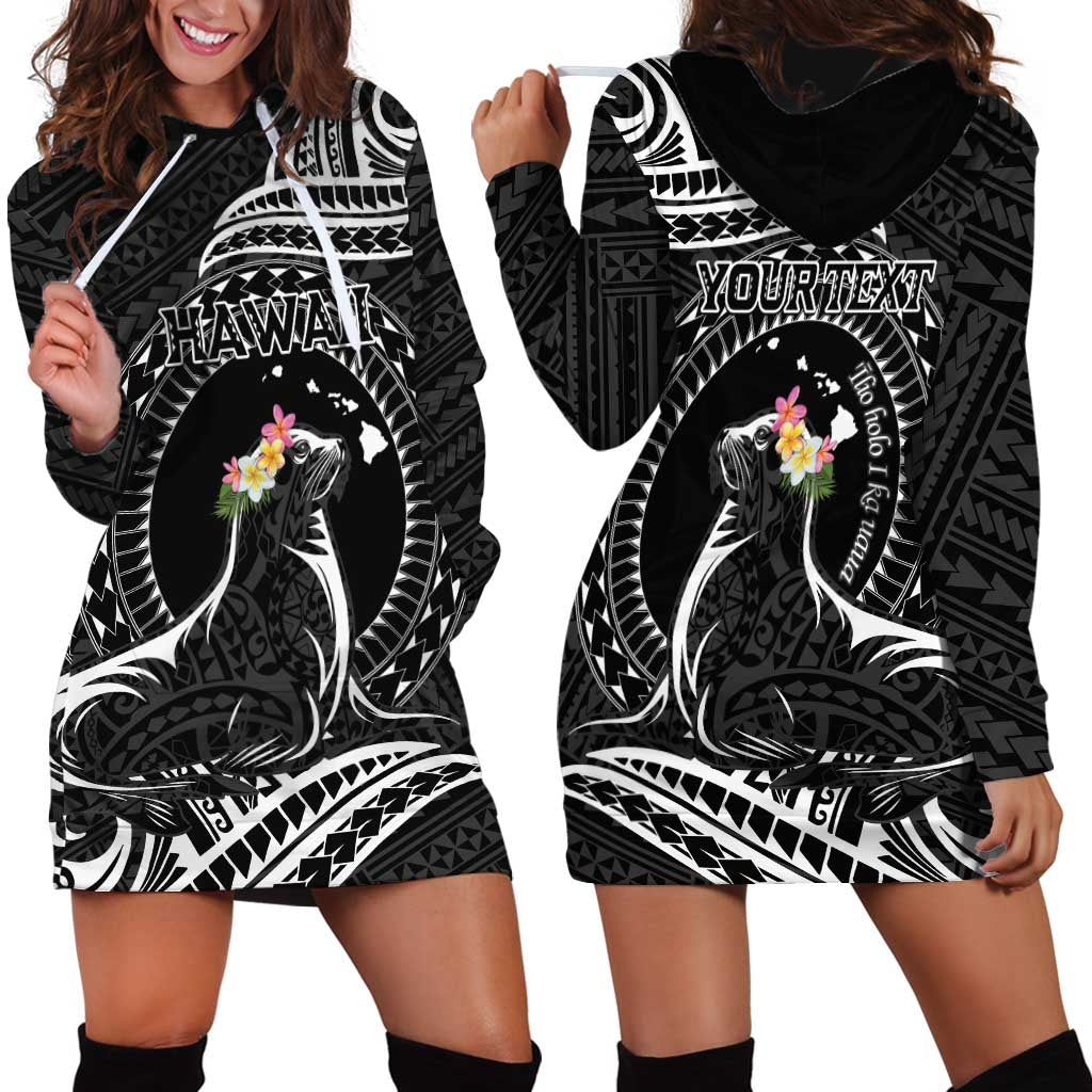 Personalised Hawaii Monk Seal Hoodie Dress Polynesian Tattoo With Tropical Flowers - Black LT14 - Polynesian Pride