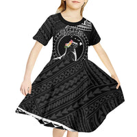 Personalised Hawaii Monk Seal Kid Short Sleeve Dress Polynesian Tattoo With Tropical Flowers - Black