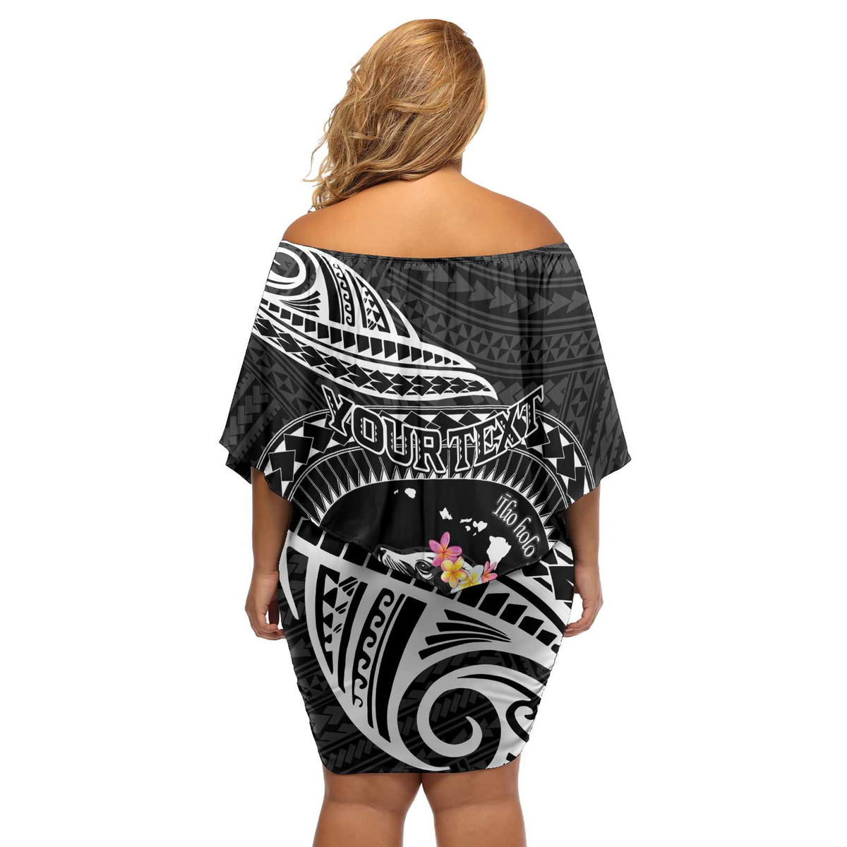 Personalised Hawaii Monk Seal Off Shoulder Short Dress Polynesian Tattoo With Tropical Flowers - Black