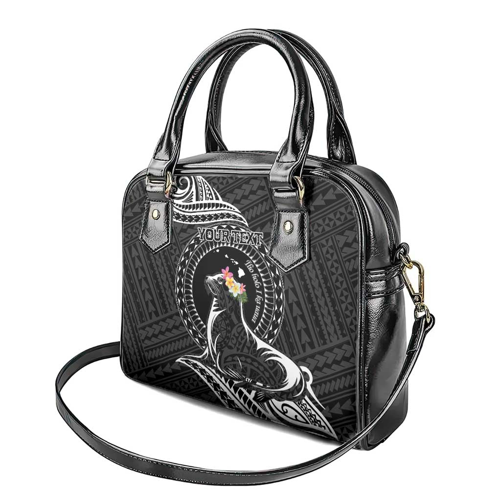Personalised Hawaii Monk Seal Shoulder Handbag Polynesian Tattoo With Tropical Flowers - Black