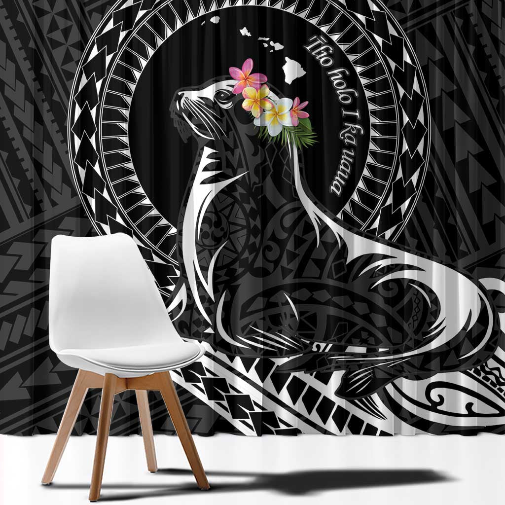 Personalised Hawaii Monk Seal Window Curtain Polynesian Tattoo With Tropical Flowers - Black LT14 - Polynesian Pride