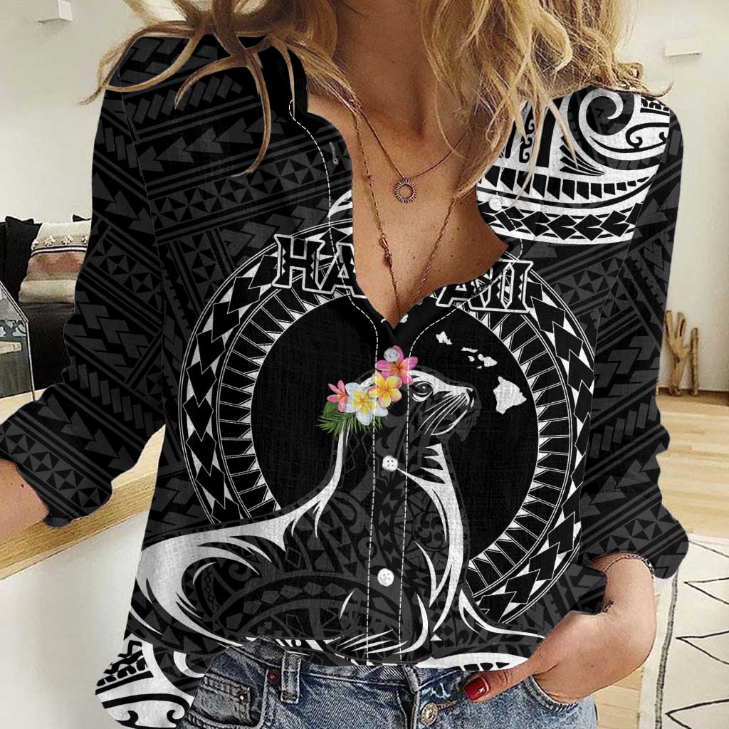 Personalised Hawaii Monk Seal Women Casual Shirt Polynesian Tattoo With Tropical Flowers - Black LT14 Female Black - Polynesian Pride