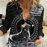Personalised Hawaii Monk Seal Women Casual Shirt Polynesian Tattoo With Tropical Flowers - Black LT14 Female Black - Polynesian Pride