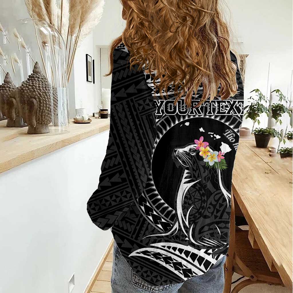 Personalised Hawaii Monk Seal Women Casual Shirt Polynesian Tattoo With Tropical Flowers - Black LT14 - Polynesian Pride