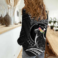 Personalised Hawaii Monk Seal Women Casual Shirt Polynesian Tattoo With Tropical Flowers - Black LT14 - Polynesian Pride