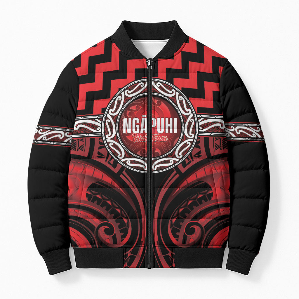 Aotearoa Ngapuhi Personalised Bomber Puffer Jacket Maori Iwi Poutama Puhoro Tattoo LT14 Unisex Red - Polynesian Pride