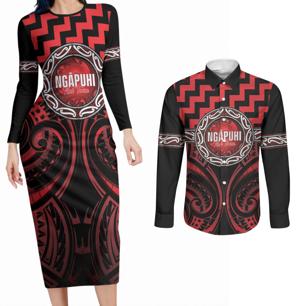 Aotearoa Ngapuhi Personalised Couples Matching Long Sleeve Bodycon Dress and Long Sleeve Button Shirt Maori Iwi Poutama Puhoro Tattoo LT14 Red - Polynesian Pride