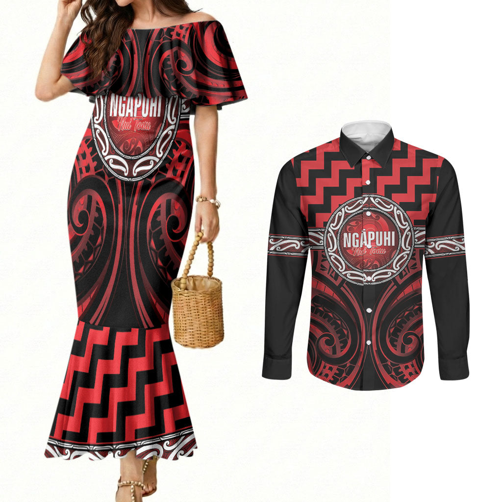 Aotearoa Ngapuhi Personalised Couples Matching Mermaid Dress and Long Sleeve Button Shirt Maori Iwi Poutama Puhoro Tattoo LT14 Red - Polynesian Pride