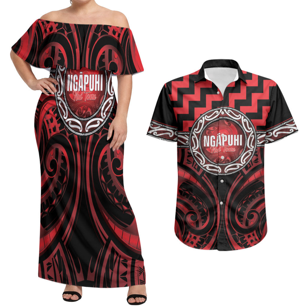 Aotearoa Ngapuhi Personalised Couples Matching Off Shoulder Maxi Dress and Hawaiian Shirt Maori Iwi Poutama Puhoro Tattoo LT14 Red - Polynesian Pride