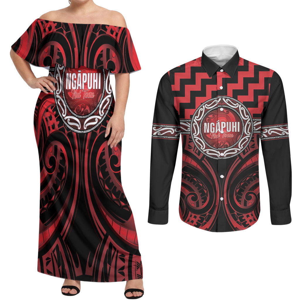 Aotearoa Ngapuhi Personalised Couples Matching Off Shoulder Maxi Dress and Long Sleeve Button Shirt Maori Iwi Poutama Puhoro Tattoo LT14 Red - Polynesian Pride