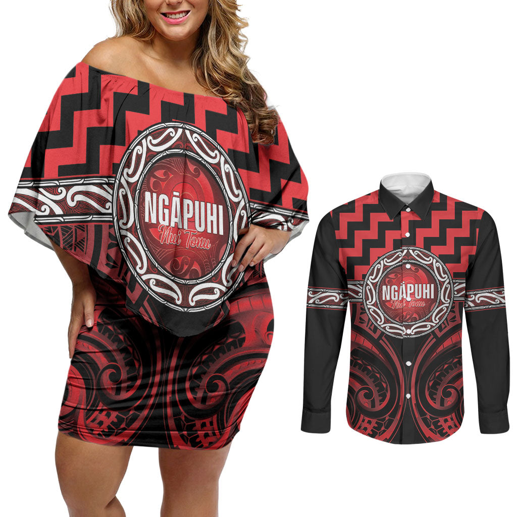 Aotearoa Ngapuhi Personalised Couples Matching Off Shoulder Short Dress and Long Sleeve Button Shirt Maori Iwi Poutama Puhoro Tattoo LT14 Red - Polynesian Pride