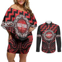 Aotearoa Ngapuhi Personalised Couples Matching Off Shoulder Short Dress and Long Sleeve Button Shirt Maori Iwi Poutama Puhoro Tattoo LT14 Red - Polynesian Pride
