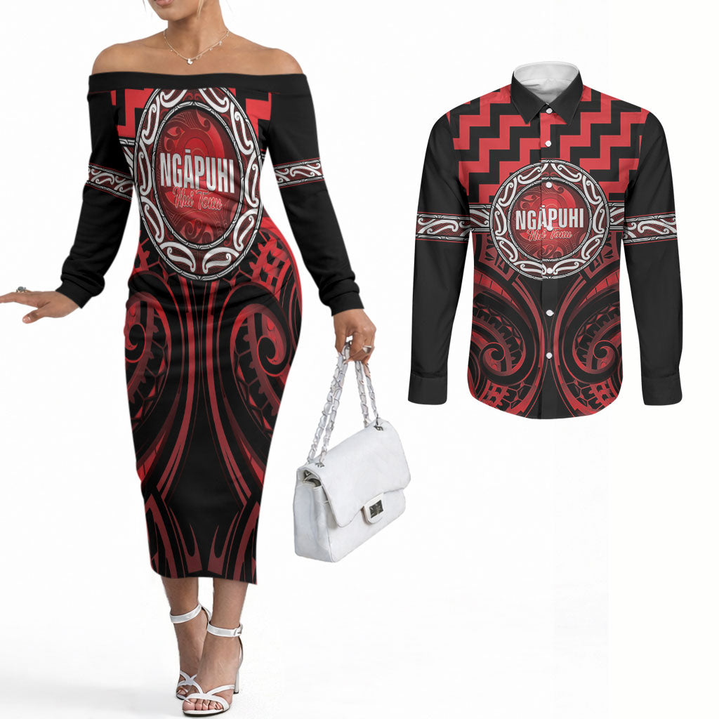 Aotearoa Ngapuhi Personalised Couples Matching Off The Shoulder Long Sleeve Dress and Long Sleeve Button Shirt Maori Iwi Poutama Puhoro Tattoo LT14 Red - Polynesian Pride