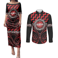 Aotearoa Ngapuhi Personalised Couples Matching Puletasi and Long Sleeve Button Shirt Maori Iwi Poutama Puhoro Tattoo LT14 Red - Polynesian Pride