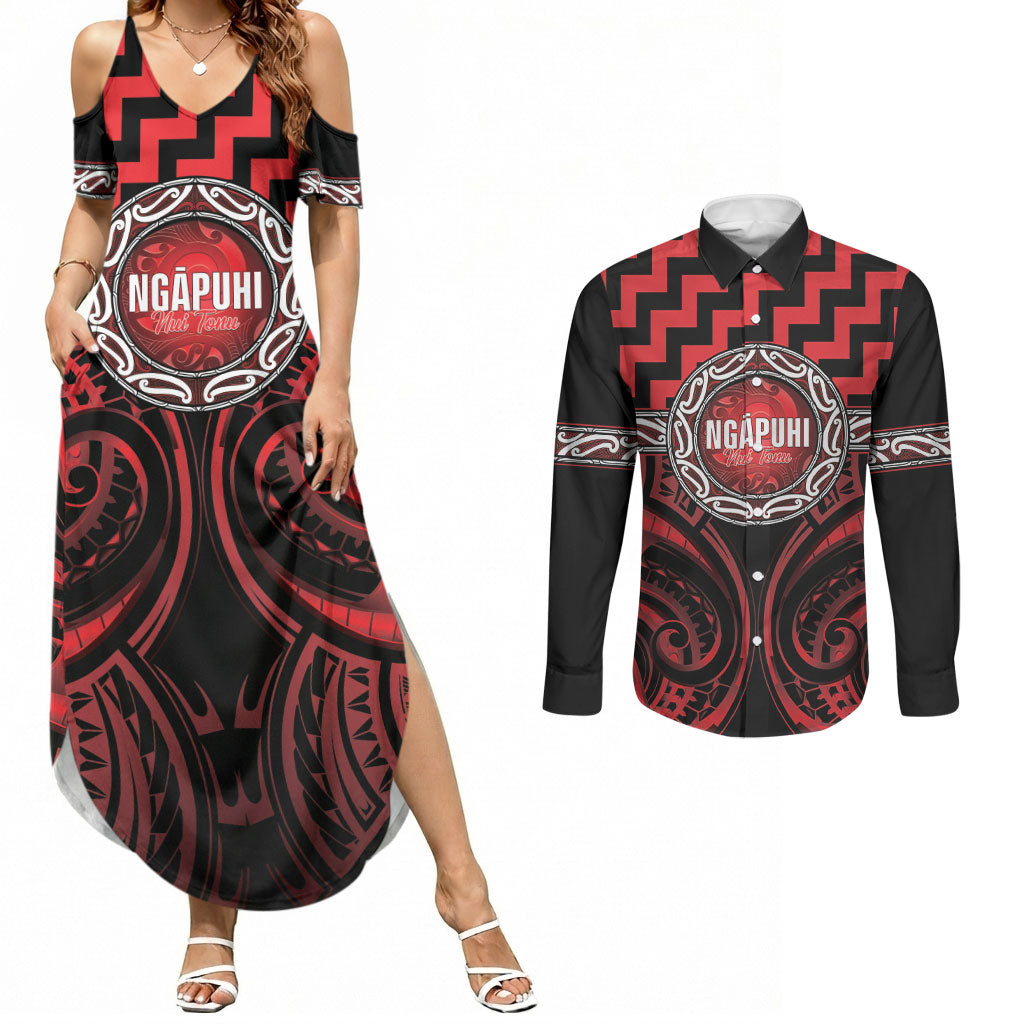 Aotearoa Ngapuhi Personalised Couples Matching Summer Maxi Dress and Long Sleeve Button Shirt Maori Iwi Poutama Puhoro Tattoo LT14 Red - Polynesian Pride