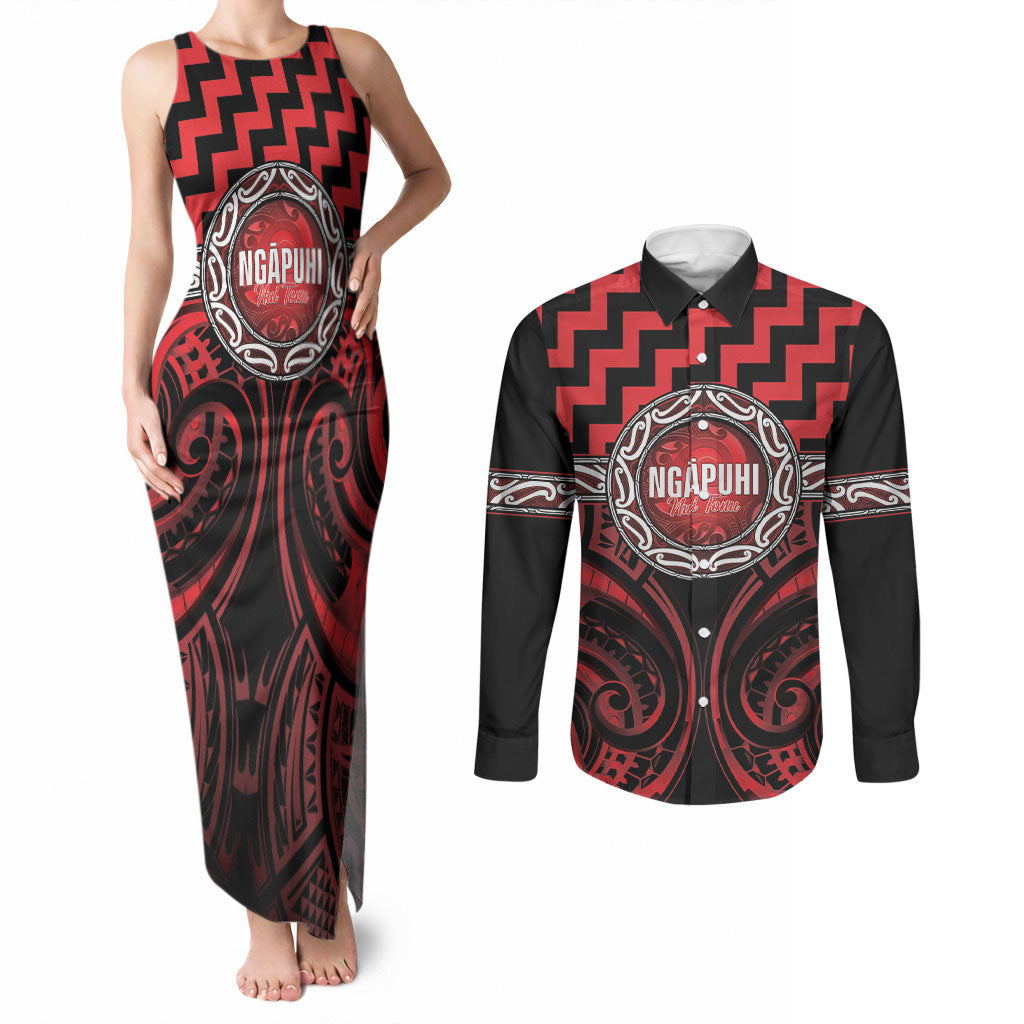 Aotearoa Ngapuhi Personalised Couples Matching Tank Maxi Dress and Long Sleeve Button Shirt Maori Iwi Poutama Puhoro Tattoo LT14 Red - Polynesian Pride