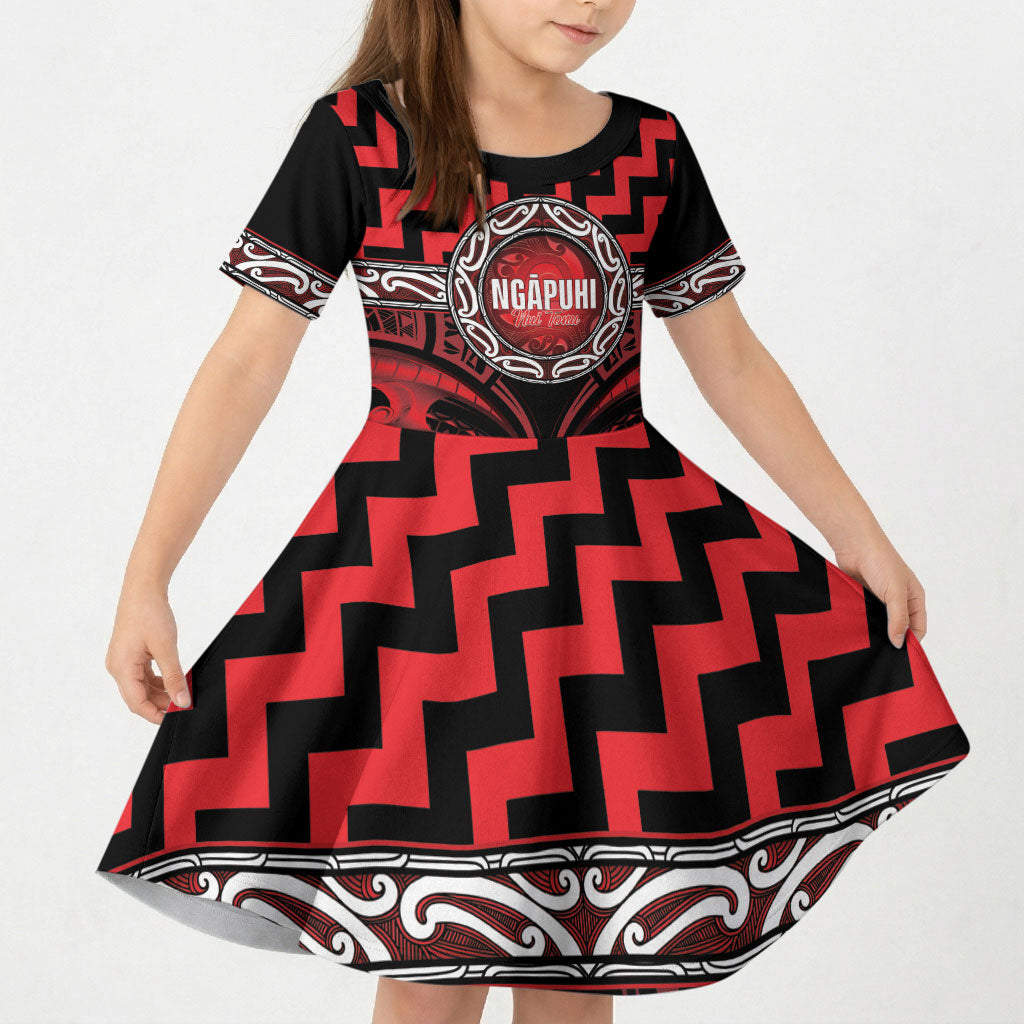 Aotearoa Ngapuhi Personalised Kid Short Sleeve Dress Maori Iwi Poutama Puhoro Tattoo LT14 KID Red - Polynesian Pride