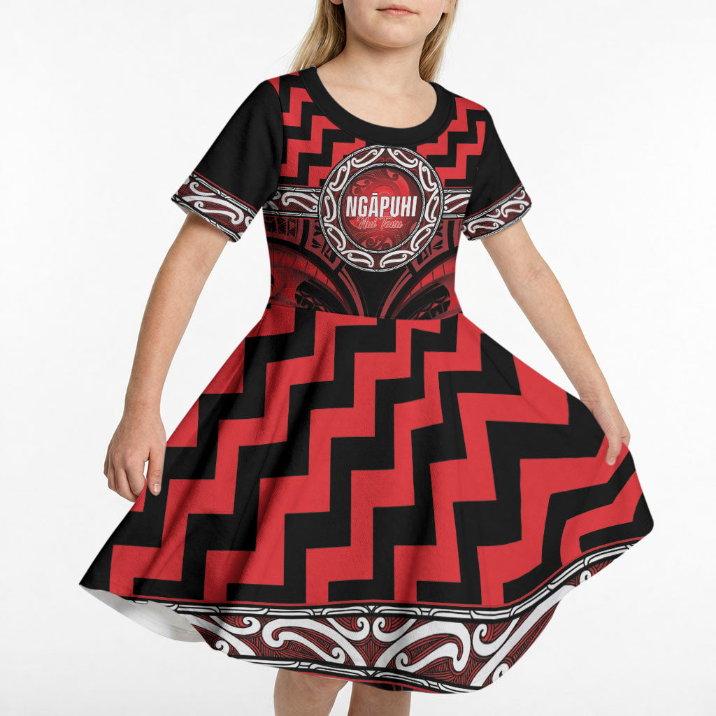 Aotearoa Ngapuhi Personalised Kid Short Sleeve Dress Maori Iwi Poutama Puhoro Tattoo LT14 - Polynesian Pride