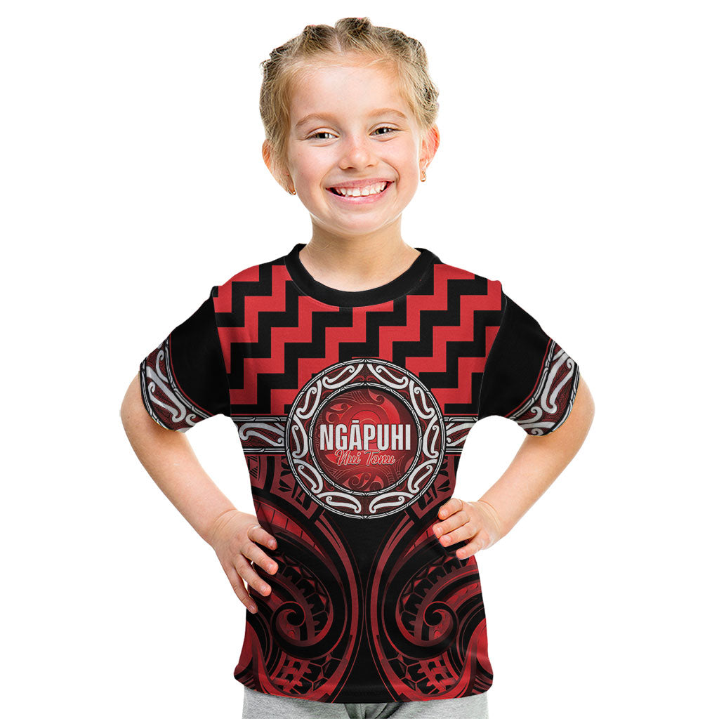 Aotearoa Ngapuhi Personalised Kid T Shirt Maori Iwi Poutama Puhoro Tattoo LT14 Red - Polynesian Pride