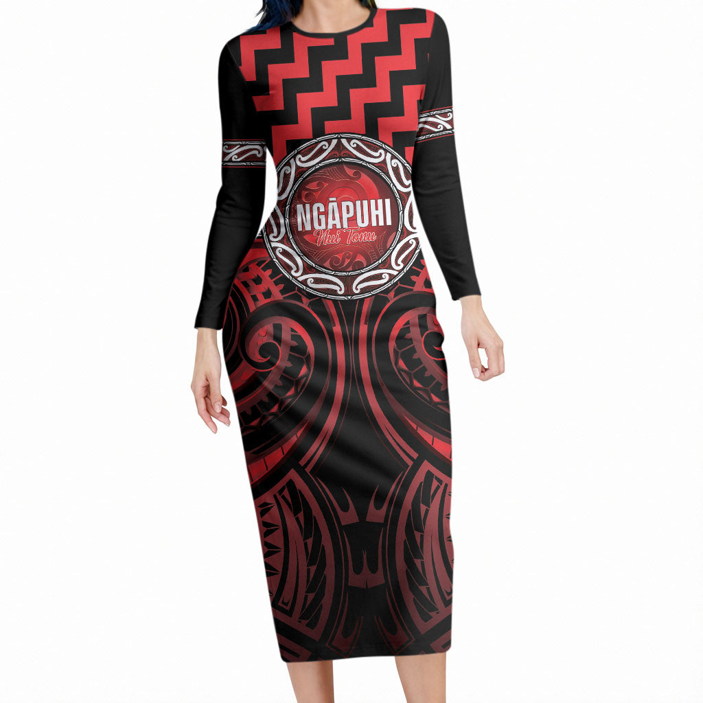 Aotearoa Ngapuhi Personalised Long Sleeve Bodycon Dress Maori Iwi Poutama Puhoro Tattoo LT14 Long Dress Red - Polynesian Pride