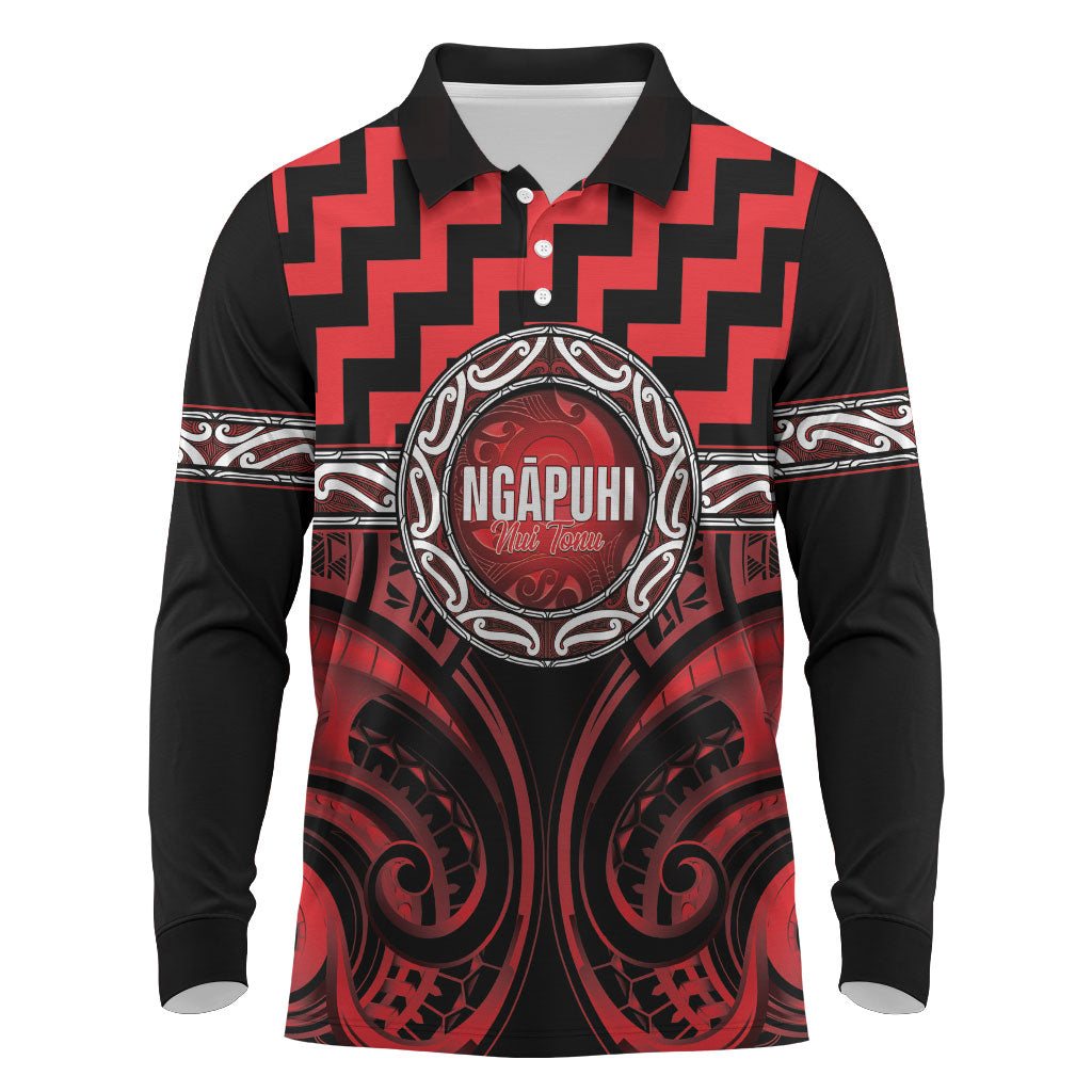 Aotearoa Ngapuhi Personalised Long Sleeve Polo Shirt Maori Iwi Poutama Puhoro Tattoo LT14 Red - Polynesian Pride