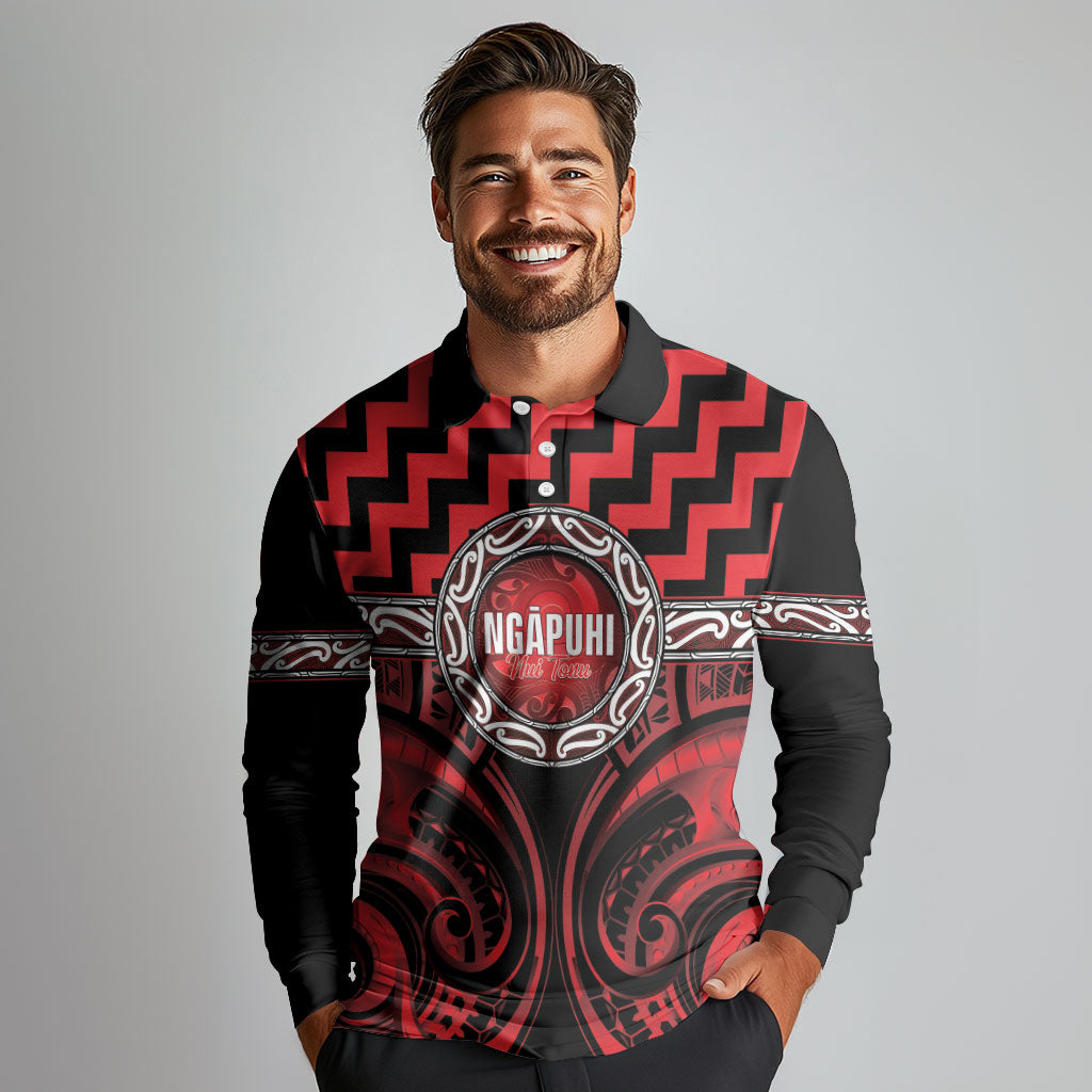 Aotearoa Ngapuhi Personalised Long Sleeve Polo Shirt Maori Iwi Poutama Puhoro Tattoo LT14 - Polynesian Pride