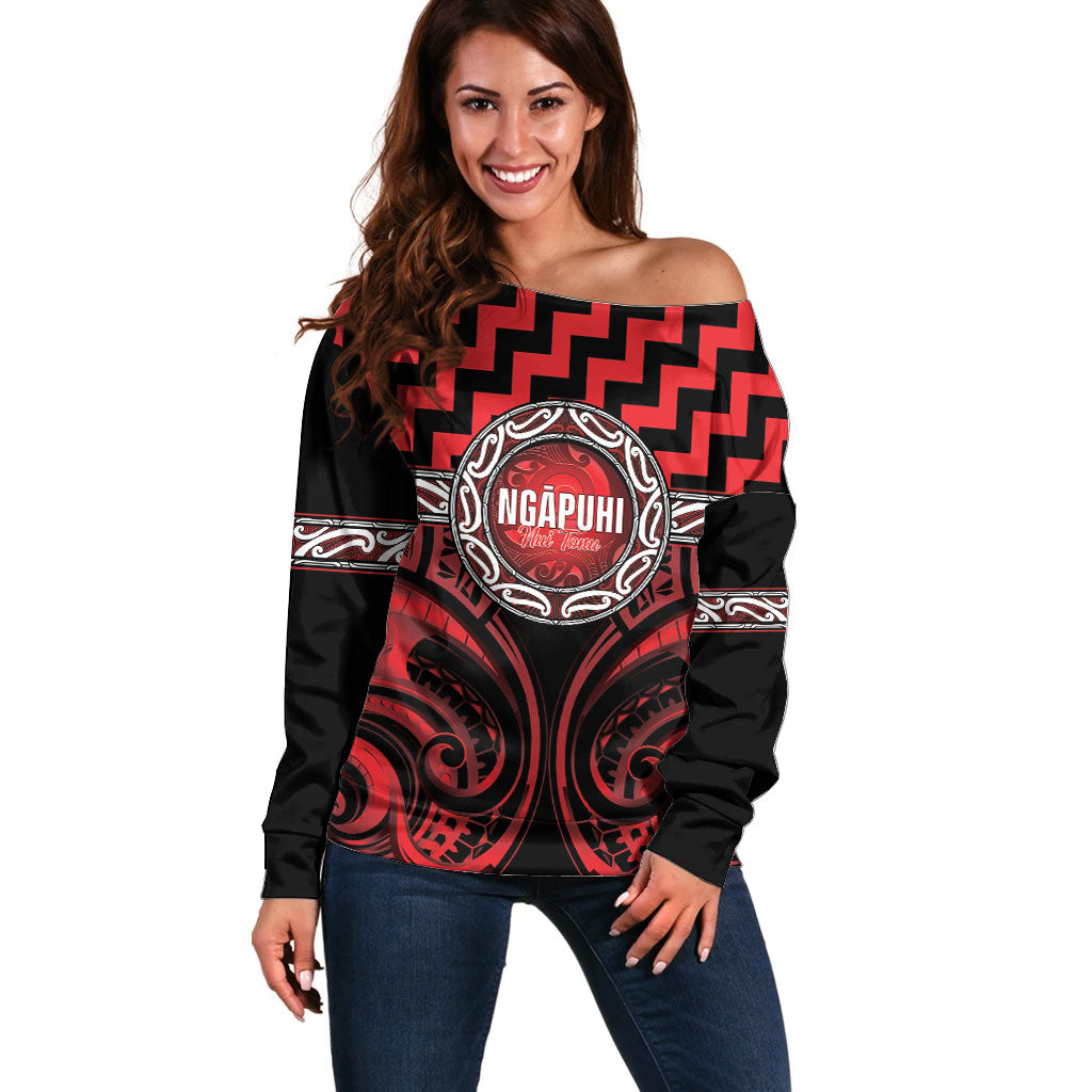 Aotearoa Ngapuhi Personalised Off Shoulder Sweater Maori Iwi Poutama Puhoro Tattoo LT14 Women Red - Polynesian Pride