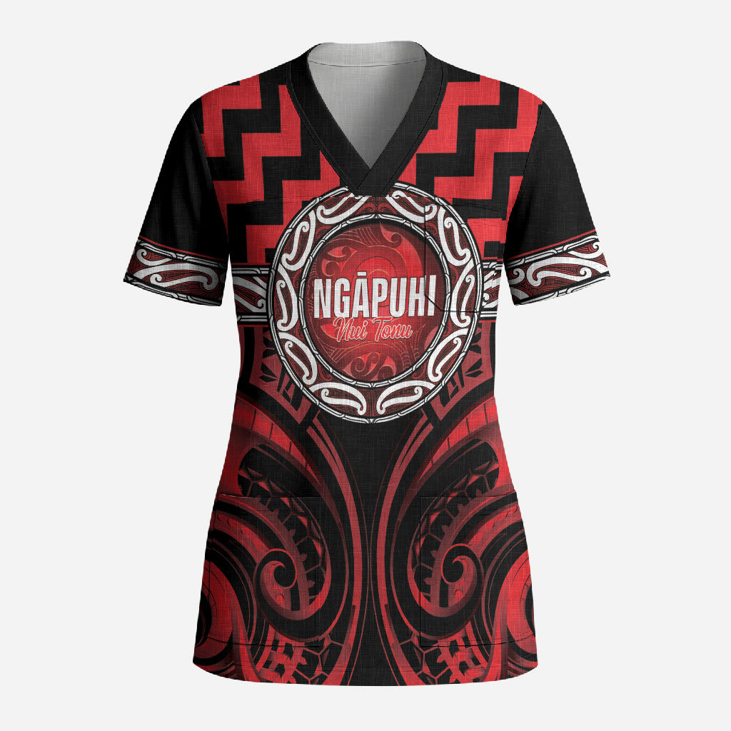 Aotearoa Ngapuhi Personalised Scrub Top Maori Iwi Poutama Puhoro Tattoo LT14 Adult Red - Polynesian Pride