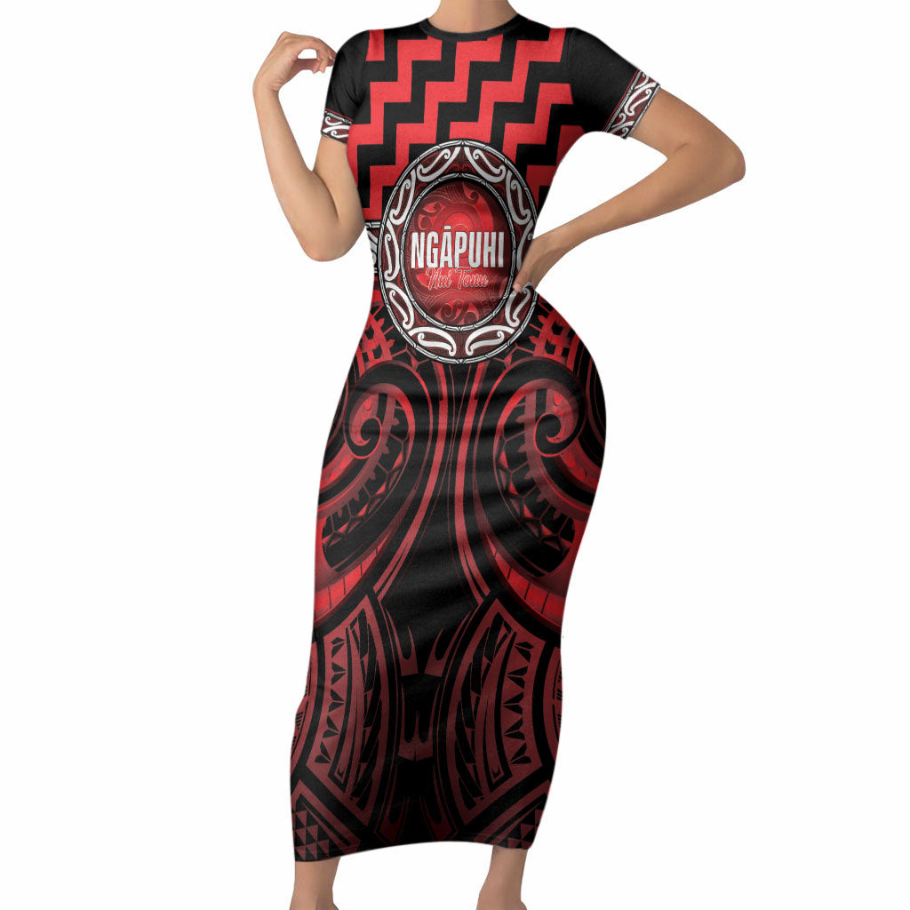 Aotearoa Ngapuhi Personalised Short Sleeve Bodycon Dress Maori Iwi Poutama Puhoro Tattoo LT14 Long Dress Red - Polynesian Pride