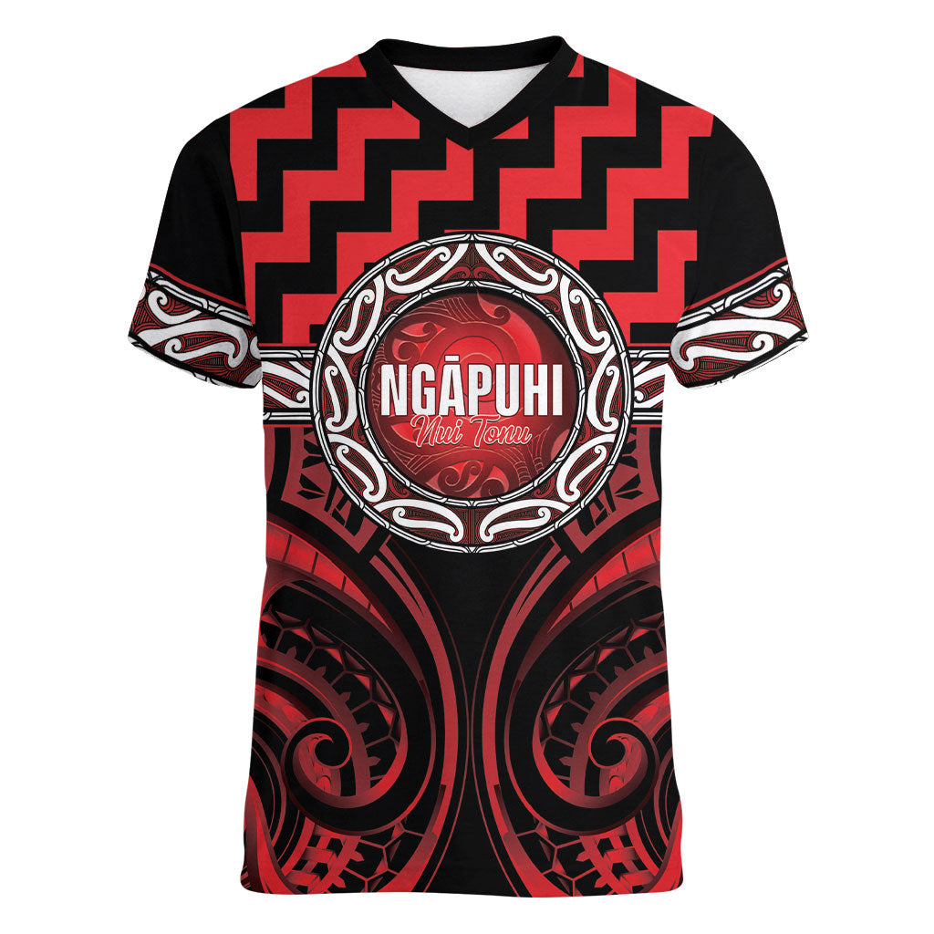 Aotearoa Ngapuhi Personalised Women V-Neck T-Shirt Maori Iwi Poutama Puhoro Tattoo LT14 Female Red - Polynesian Pride