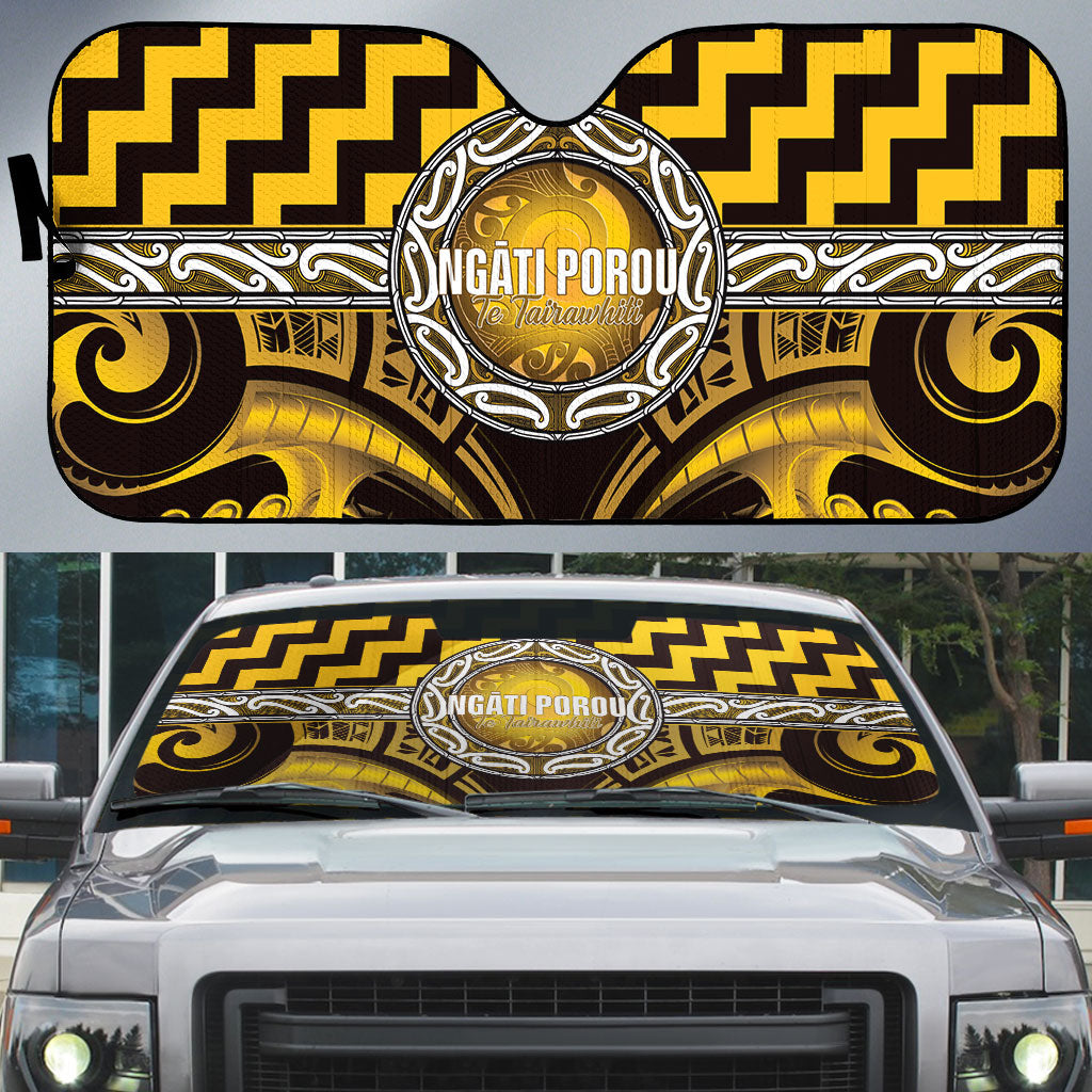 Aotearoa Ngati Porou Auto Sun Shade Maori Iwi Poutama Puhoro Tattoo LT14 Yellow - Polynesian Pride
