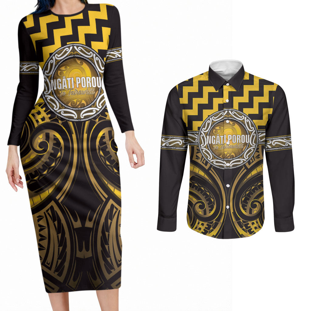 Aotearoa Ngati Porou Personalised Couples Matching Long Sleeve Bodycon Dress and Long Sleeve Button Shirt Maori Iwi Poutama Puhoro Tattoo LT14 Yellow - Polynesian Pride
