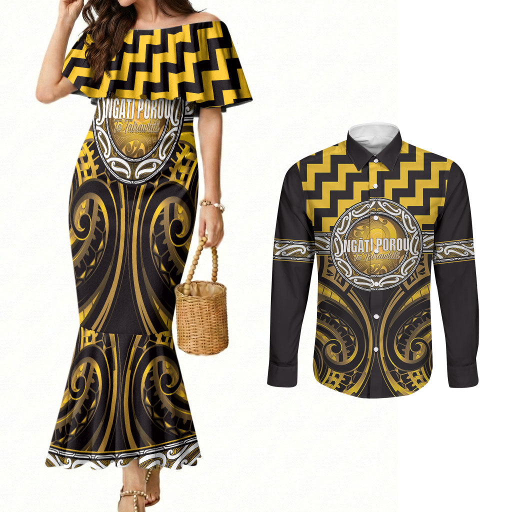 Aotearoa Ngati Porou Personalised Couples Matching Mermaid Dress and Long Sleeve Button Shirt Maori Iwi Poutama Puhoro Tattoo LT14 Yellow - Polynesian Pride