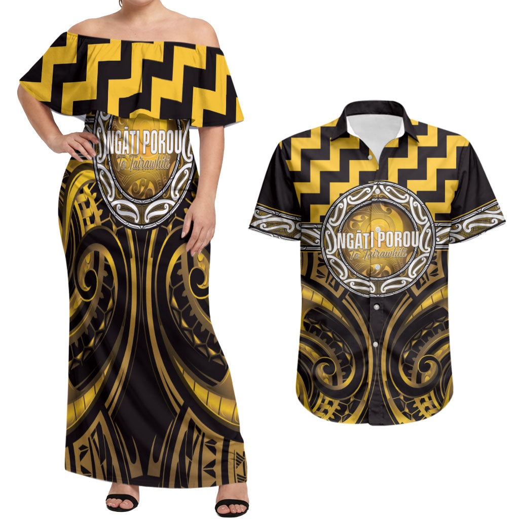 Aotearoa Ngati Porou Personalised Couples Matching Off Shoulder Maxi Dress and Hawaiian Shirt Maori Iwi Poutama Puhoro Tattoo LT14 Yellow - Polynesian Pride