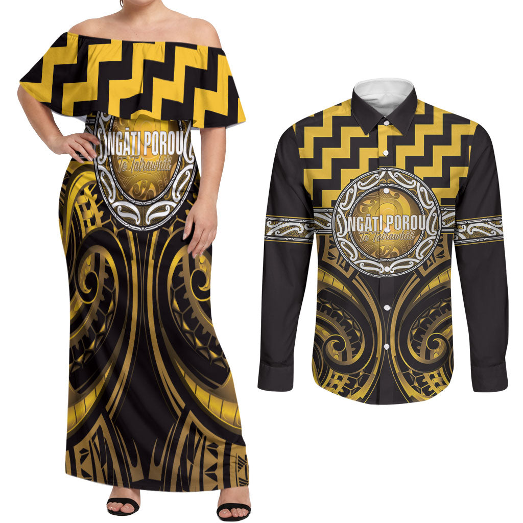 Aotearoa Ngati Porou Personalised Couples Matching Off Shoulder Maxi Dress and Long Sleeve Button Shirt Maori Iwi Poutama Puhoro Tattoo LT14 Yellow - Polynesian Pride