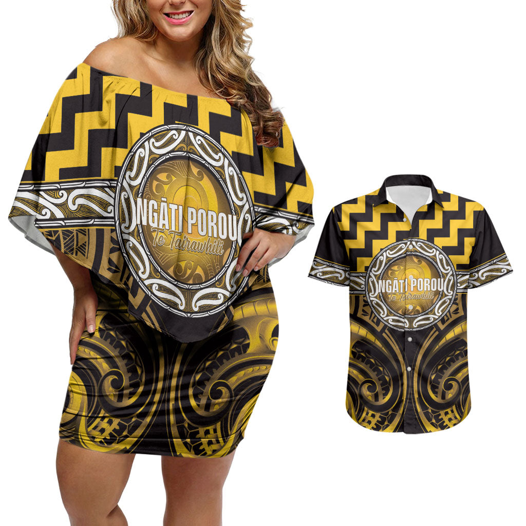 Aotearoa Ngati Porou Personalised Couples Matching Off Shoulder Short Dress and Hawaiian Shirt Maori Iwi Poutama Puhoro Tattoo LT14 Yellow - Polynesian Pride